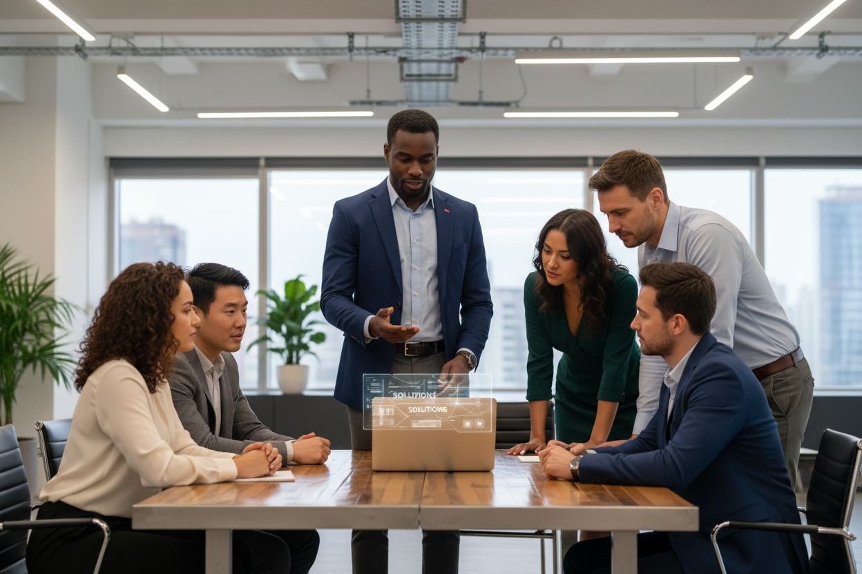 BLACK MAN STANDING OFFERING SOLUTION ON LAPTOP TO MEMBERS