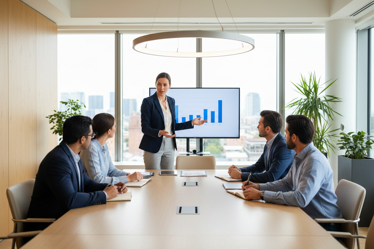 TEAM LEADER ADDRESSING COLLEGUES IN THE WORKPLACE